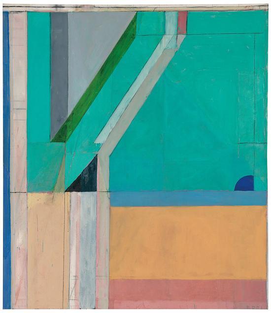 理查·迪本科恩,《Ocean Park #40》,1971,布面油画、炭笔,93 x 80 ¾英寸(236.2 x 205.1 cm),私人收藏。图片: © Richard Diebenkorn Foundation