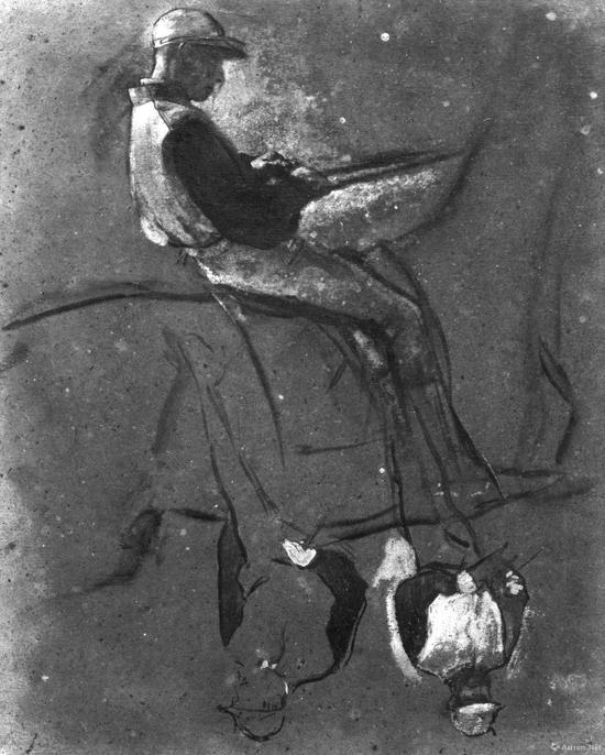 德加“THREE MOUNTED JOCKEYS”,约1885-1888,30.5 x 24 cm
