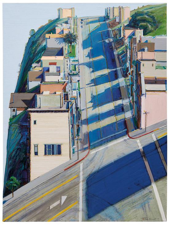韦恩·第伯,《Ripley Ridge》,1977,麻布面油彩,48 x 36英寸(121.9 x 91.4 cm),私人收藏。图片: © Wayne Thiebaud / Licensed by VAGA,New York,NY