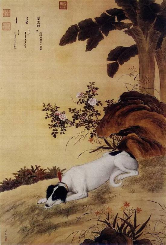 郎世宁《十骏犬之蓦空鹊图》,满文名是喜鹊的意思。和碩硕康亲王巴尔图进。