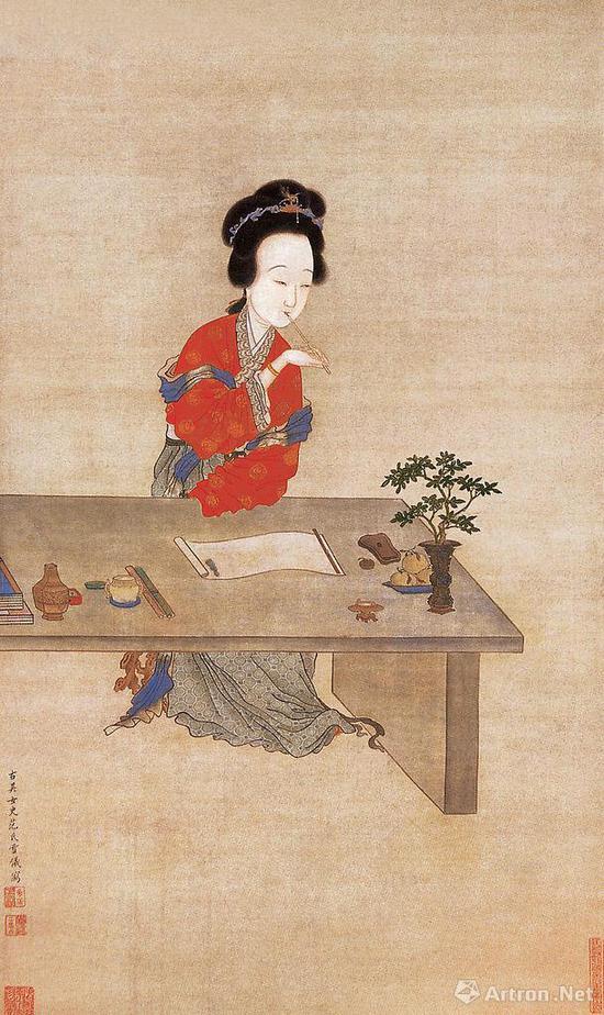 清 范雪仪《吮笔敲诗图》 天津市艺术博物馆藏:侍女在花笺上写信