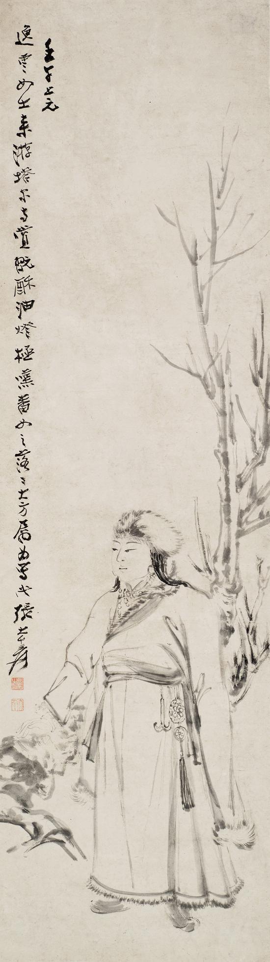 张大千 仕女 水墨纸本 镜片 114×33cm