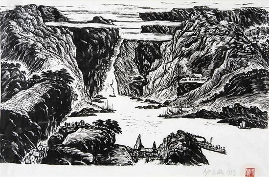 25。师群《三峡》黑白木刻 35cm×58cm 1959年 湖北美术馆藏