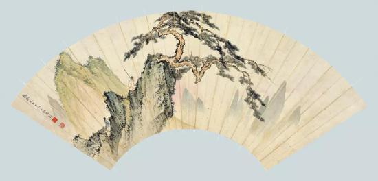 Lot 126 陈少梅(1909-1954) 松岭策杖 扇面镜心 设色纸本 题识:馥斋先生正之,少梅陈彰。 钤印:陈、少梅 尺寸:17×51 cm。 约0.78平尺