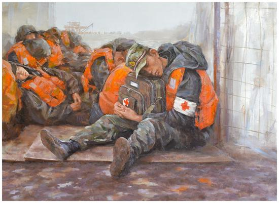 40、陈绍林《辛苦了,子弟兵》布面油画,90cm×130cm,2016年