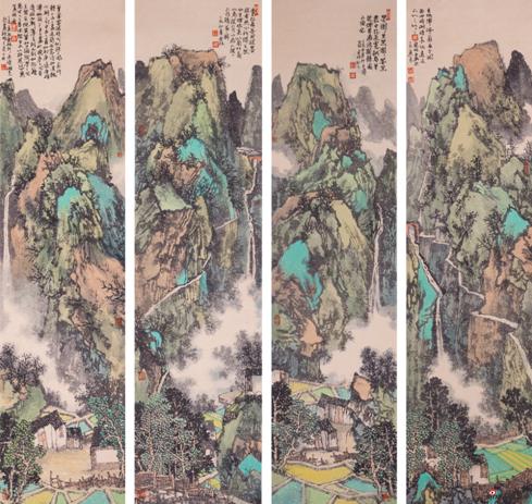 《青绿山水12条屏之一》34cm×138cm×12