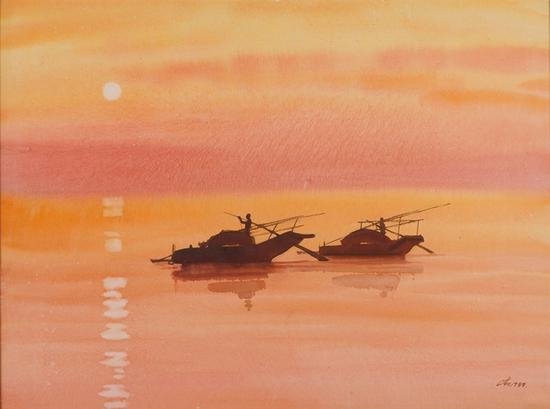 34。魏正起 《渔舟唱晚》57cm×88cm,1988年 湖北美术馆藏