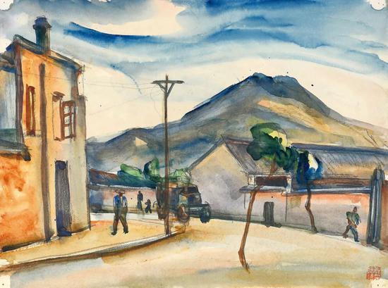 Lot.736 倪贻德 小城街头之二 1940年代末至1950年代初 纸本水彩 25×33.7cm。 来源:直接征集自画家家属