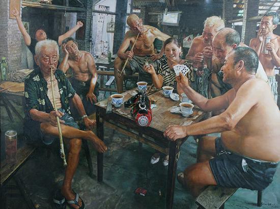 陈安健《茶馆系列-四方桌》 180x136.5cm 2007年 布面油画