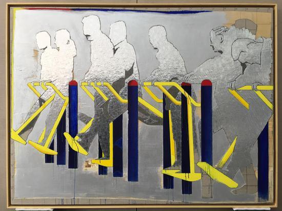 臧坤坤,调和XV,木,亚麻布,丙烯,铅笔,水,铝,U型钉,150 x 200 x 5.5 cm,2018