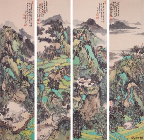 《青绿山水12条屏之三》34cm×138cm×12