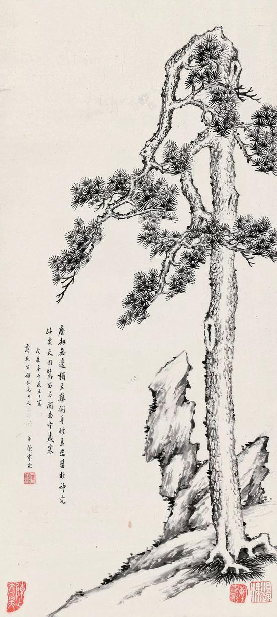 Lot231 陈宝琛(1848-1935) 独立守岁寒 立轴 水墨纸本 戊辰(1928年)作 题签: (郑煦题)陈弢盦太傅绘松石立轴。戊辰冬月,煦。 钤印:霁林 包首:收藏印:香石陈寄影藏 本幅: 尘劫无边独立难,侧身烟岛恣盘桓。神完此叟天因笃,留与闽南守岁寒。戊辰冬至后五日写,霁林公祖仁兄大人,弟陈宝琛。 钤印:陈伯潜、沧趣楼 收藏印:陈太昊、陈寄影 出版: 《闵画史稿》第275页,天津人民美术出版社,2001年3月 《三坊七巷志》第303页,海潮摄影艺术出版社,2009年6月 69×31 cm。 约1.9平尺