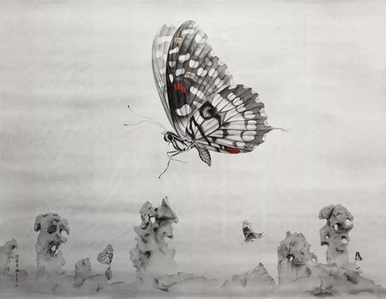 《踏雪寻梅》 绢本水墨 206x158cm