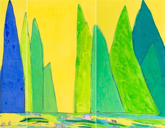 丁雄泉,金色山水(三联屏),水墨 丙烯 宣纸,182x238.8 cm,1980年代早期
