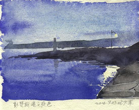 《彭赞斯港之夜》20x21cm 水彩 2016年