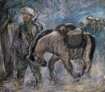符罗飞 雷雨夜行军 1939年 纸本油画棒 67.5×60.5cm