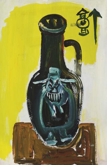 丁衍庸 钟馗纹瓶子板面油画 45×29.5cm