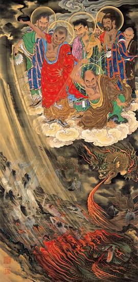狩野一信在目睹了安正大地震夺走成千上万的生命后,描绘出罗汉拯救痛苦的人民的《五百罗汉图》给了村上隆很大的启发