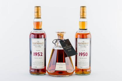 麦卡伦珍稀系列1950 年份:52年 酒精含量:46.7% 容积:700ml RMB:190,000-220,000 麦卡伦1949 年份:50年 酒精含量:40.25% 容积:750ml RMB:100,000-120,000 麦卡伦珍稀系列1952 年份:1952 酒精含量:48% 容积:700ml RMB:180,000-200,000
