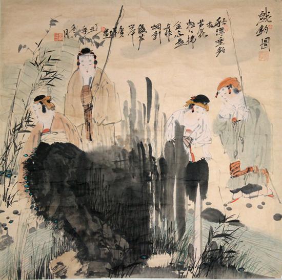 唐勇力 《戏钓图》 68X68 纸本画心