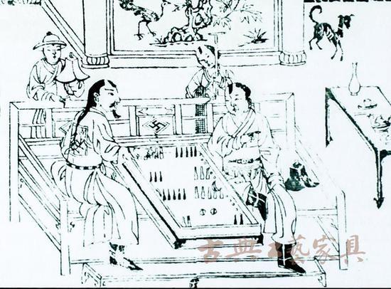 图8 元代版画插图《事林广记》(第四卷·耕织)中,人们坐于床榻上。