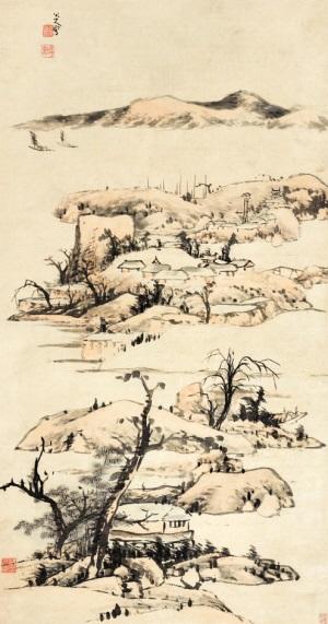 武将作品 八大山人:仿倪云林山水轴 177×93cm 款识:八大山人写。钤印:八大山人 何园 驴屋人屋 鉴藏印:王季迁海外所见名迹