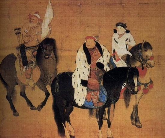 《元世祖出猎图》元代刘贯道,蒙古不愧为马背上得天下,拥有当时世界上最强大的骑兵,曾火烧莫斯科,并在原址播种牧草。