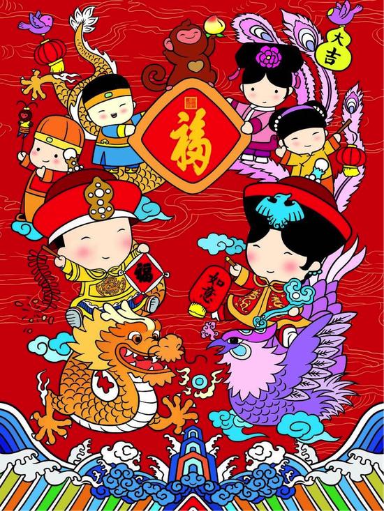 故宫淘宝提供的设计方案 这么萌的年画是不是让你爱不释手呢