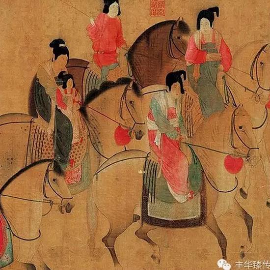 《虢国夫人游春图》局部,绿衫红裙的马上大唐贵妇就是杨贵妃的三姐虢国夫人。