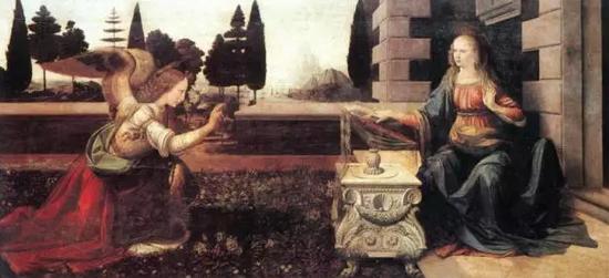 达·芬奇,《天使报喜》(1475)。李奥纳多·迪卡普里奥的母亲就是在这张画前为决定为儿子取名为李奥纳多 图片:virtualuffizi.com