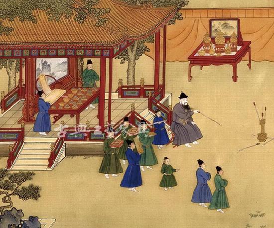 图2 明《宫中行乐图》中的明宪宗及其御用朱漆家具
