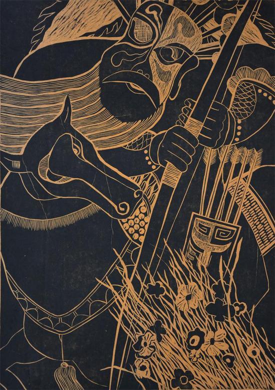 双年展 参展艺术家:王晓明作品《骑射-1》 黑白木刻 70x50cm 2013年