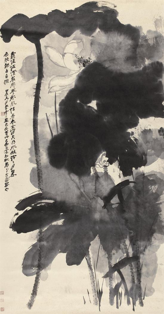 张大千(1899-1983) 墨荷 纸本镜心 1964年作 187×97cm 约16.3平尺