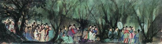 名作五:傅抱石 1944年9月作 《丽人行》 长卷(徐悲鸿、张大千题跋)