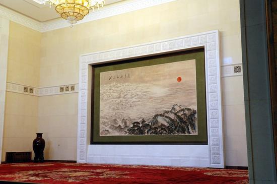 名作六:傅抱石、关山月合作《江山如此多娇图》悬挂在人民大会堂场景