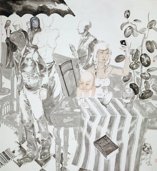 韩佳男《朋友圈》纸本设色 200cmx200cm 2015