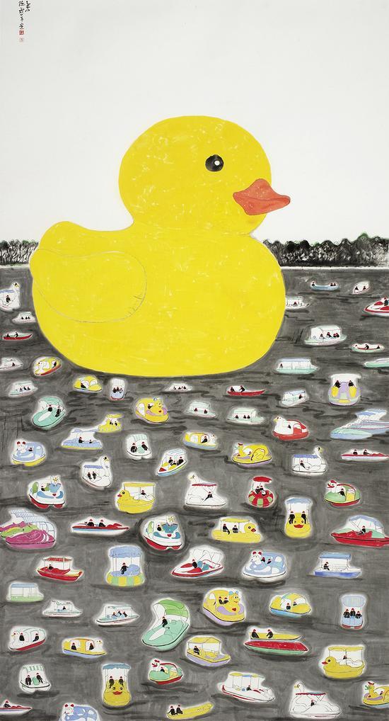 任盛平《大黄鸭》纸本设色 180cmx98cm 2015