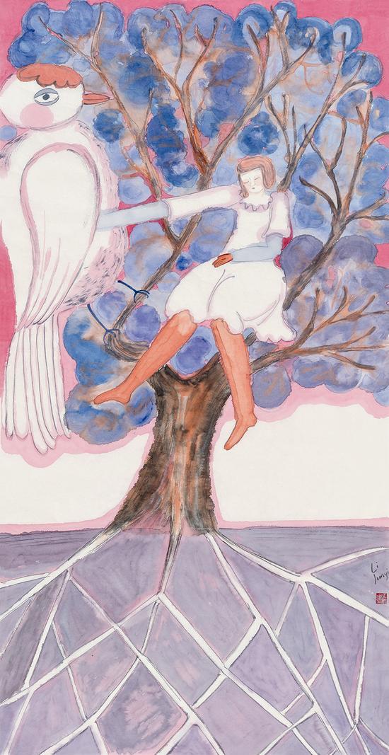 李骏逸《蓝色之树 》纸本设色 139cmx68cm 2014