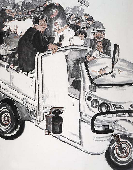 王用《拖拉机》纸本设色 183cmx146cm 2016