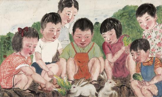 窦良羽《喂兔子》纸本设色 48cmx75cm 2016