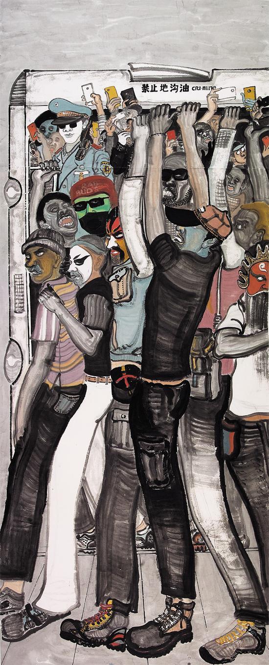 任永《簇拥》纸本设色 240cmx97cm 2013