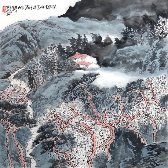 朱明 深秋云雨急,流水满空山