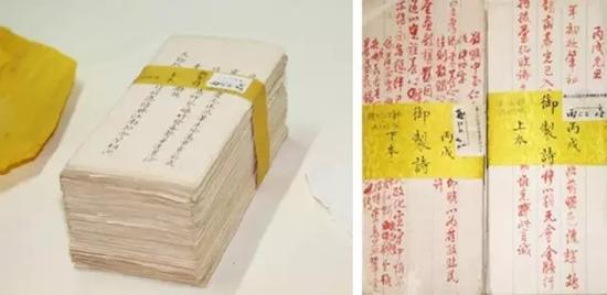 左:“乾隆御稿”中大臣誊写稿(墨笔)北京故宫博物院藏 右:“乾隆御稿”中的御笔稿(朱笔)北京故宫博物院藏