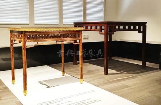 图3 路易十六时期仿竹长方桌(左),清 黄花梨方桌(右)