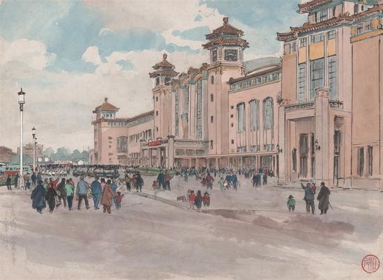 竣工的北京火车站1959年 28.5X39.5cm 纸本彩墨