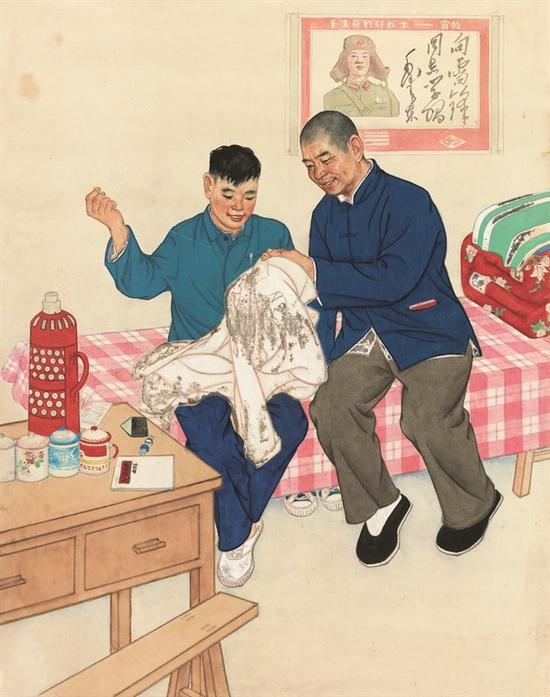 韦江凡《时传祥和他的徒弟(组画之一)》81X64cm纸本重彩+约...