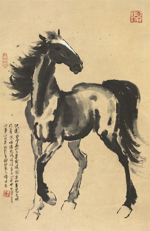 师悲鸿马图 1947年 79x51.5cm 纸本水墨 (款:此图为予一九四七年就读国立北平艺专时临摹恩师徐悲鸿课读画马 二千零五年秦川韦江凡并记于古都北京南城方庄 印:韦江凡印,与人一心,志在千里)