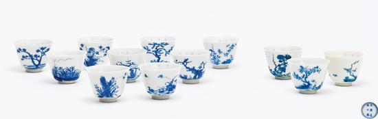 清康熙 青花十二花神杯一套