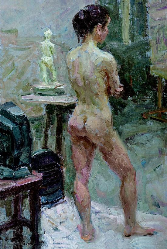 申胜秋 背面女人体与雕塑 72cmx50cm 布面油画 2003