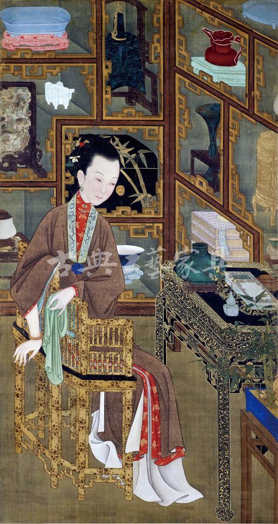 家具绘画等资料,弥补了“风华再现”展中实物家具之不足。图为《雍亲王题书堂深居图》之“博古幽思”